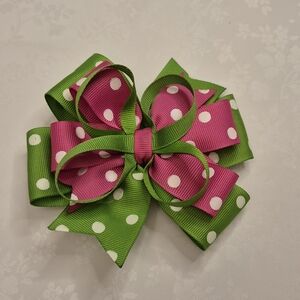 Apple Green and Shocking Pink Polka Dot Hair Bow Layered With Alligator Clip